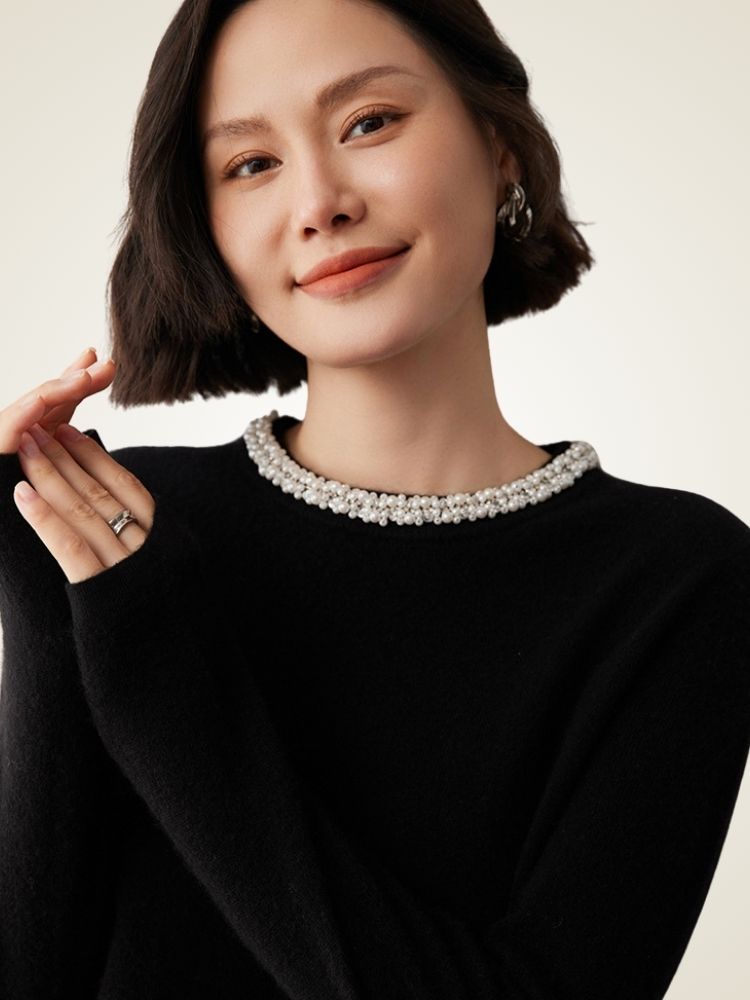 LanlyCashmere Women’s Pearl Trim Cashmere Sweater – Luxury Crewneck Knit