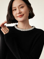 LanlyCashmere Women’s Pearl Trim Cashmere Sweater – Luxury Crewneck Knit