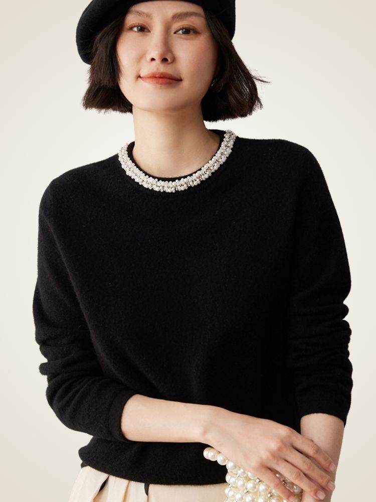 LanlyCashmere Women’s Pearl Trim Cashmere Sweater – Luxury Crewneck Knit