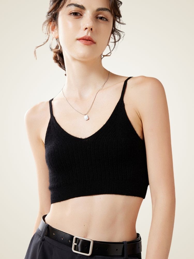 LanlyCashmere Women’s Ribbed Cashmere Bralette – Soft Knit Crop Top