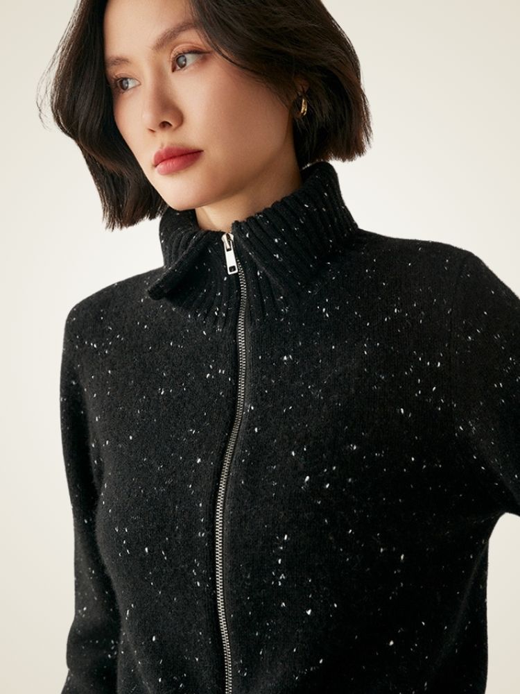 LanlyCashmere Wool Cashmere Zip Sweater – Thick Stand Collar Knit Cardigan