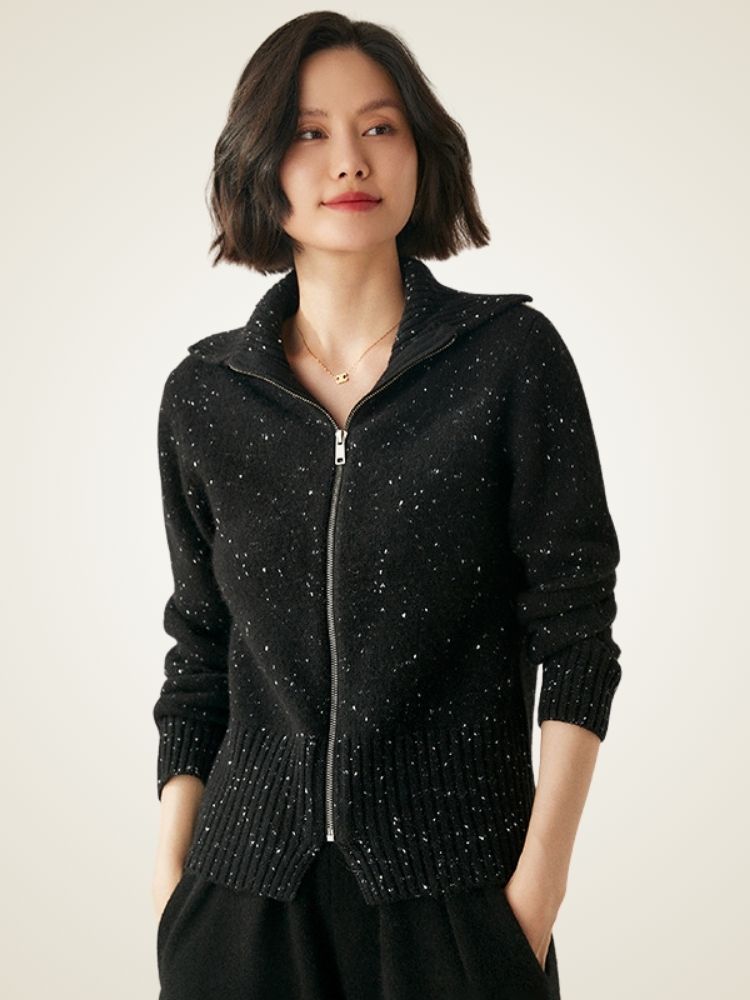 LanlyCashmere Wool Cashmere Zip Sweater – Thick Stand Collar Knit Cardigan