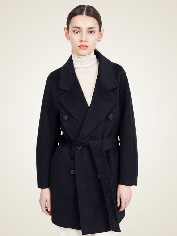 Lanlycashmere Mid Length Cashmere Coat Women – Double Breasted Belted Coat