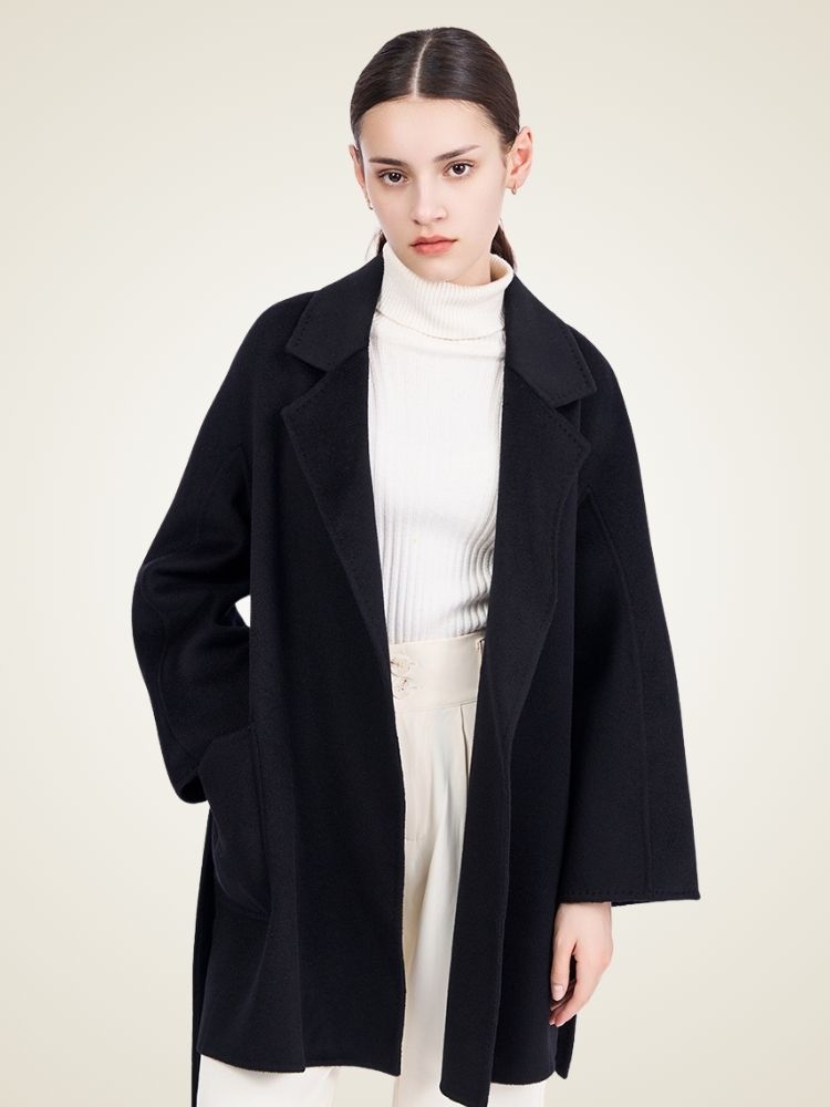 Lanlycashmere Mid Length Cashmere Coat Women – Minimalist Belted Wrap Coat