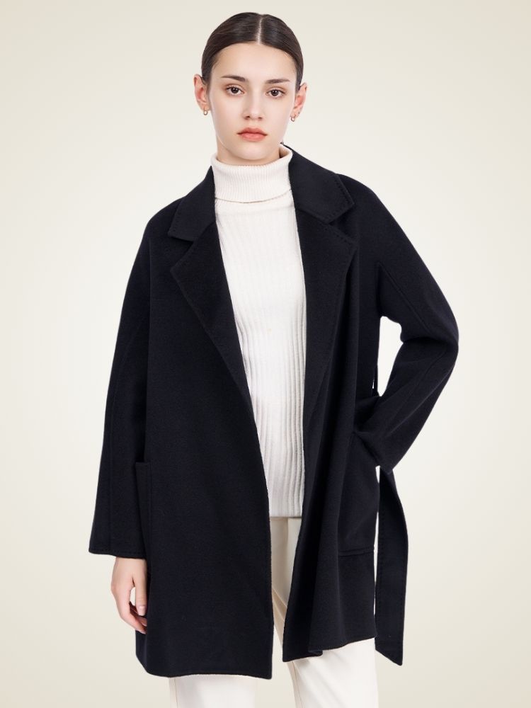 Lanlycashmere Mid Length Cashmere Coat Women – Minimalist Belted Wrap Coat