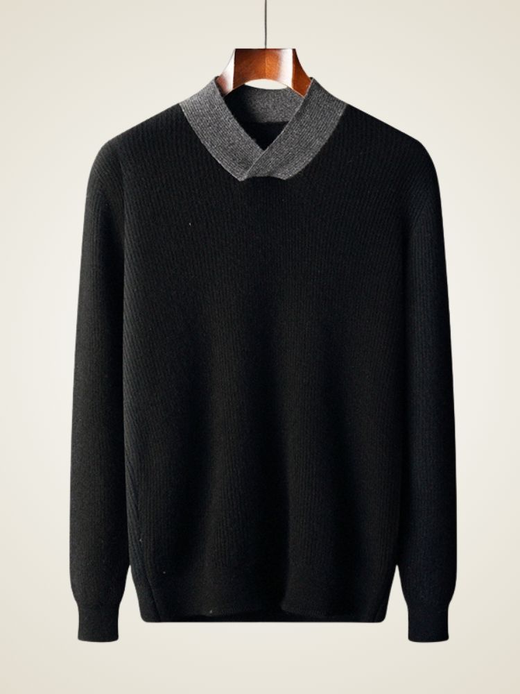 LanlyCashmere Men’s Cashmere V Neck Sweater – Contrast Collar Knit Pullover