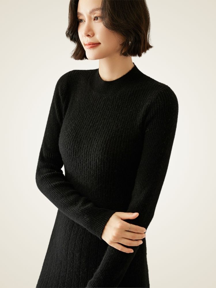 LanlyCashmere Geripptes Kaschmir-Midikleid, schmale Passform, elegant gestrickt