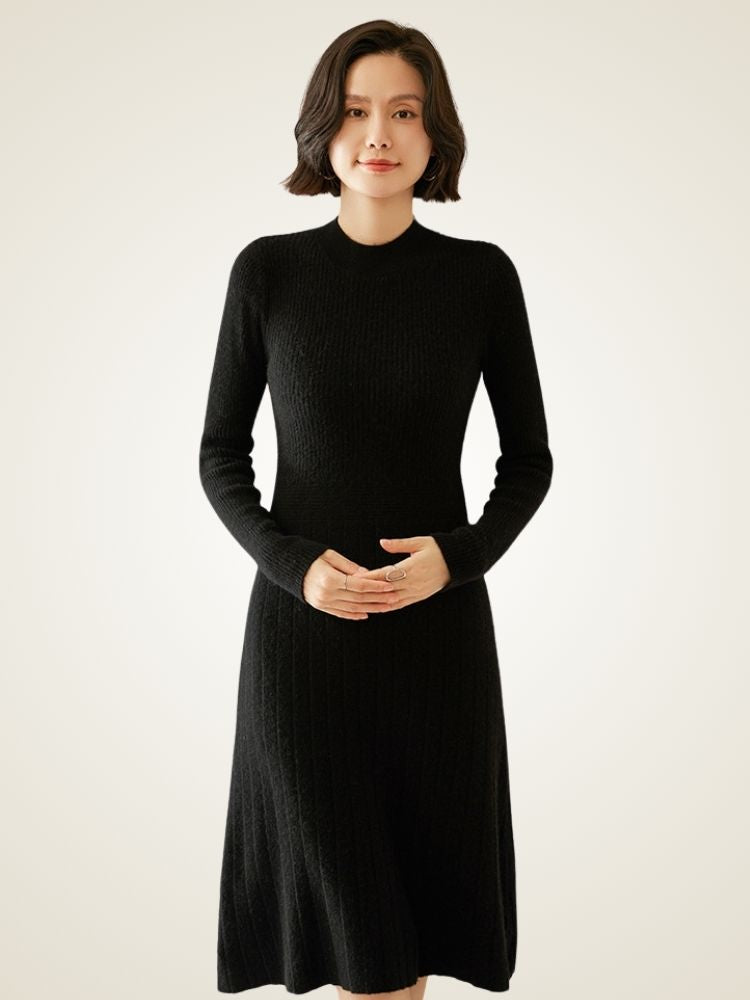 LanlyCashmere Geripptes Kaschmir-Midikleid, schmale Passform, elegant gestrickt