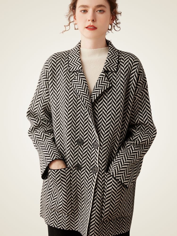 LanlyCashmere Women’s Herringbone Cashmere Coat – Mid-Length Elegant Overcoat