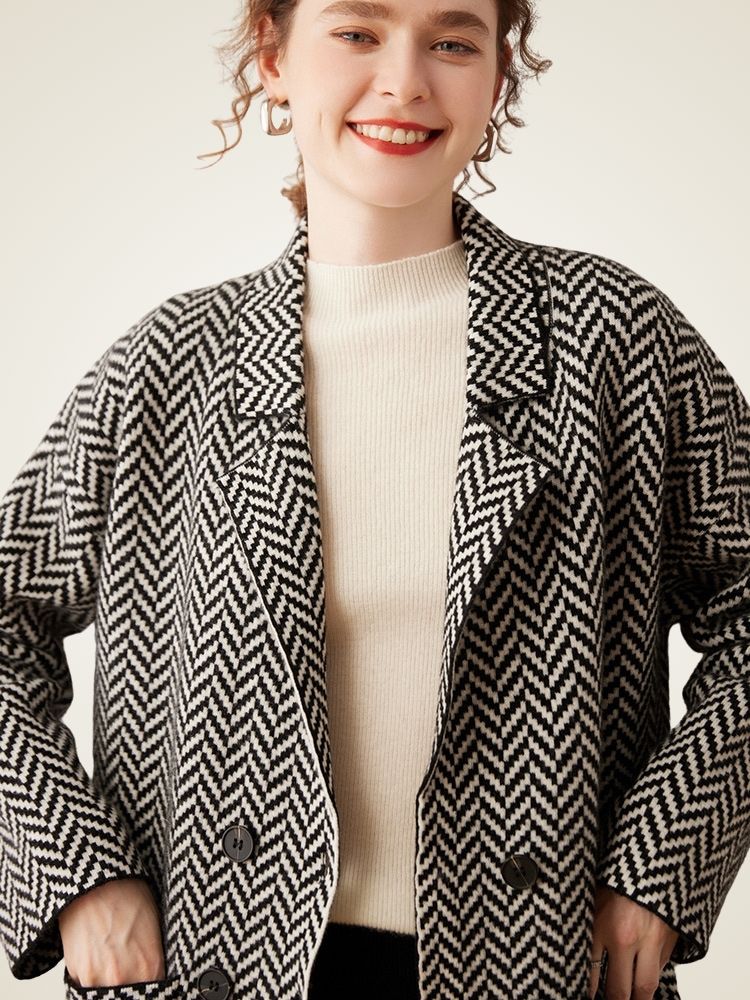 LanlyCashmere Women’s Herringbone Cashmere Coat – Mid-Length Elegant Overcoat