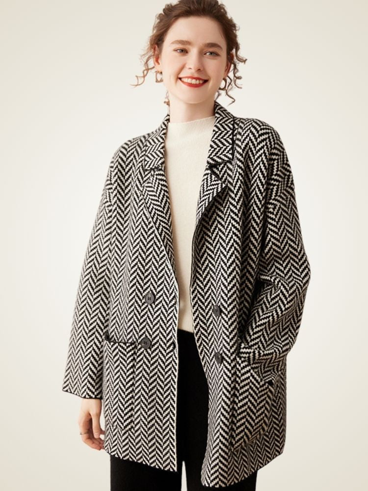 LanlyCashmere Women’s Herringbone Cashmere Coat – Mid-Length Elegant Overcoat