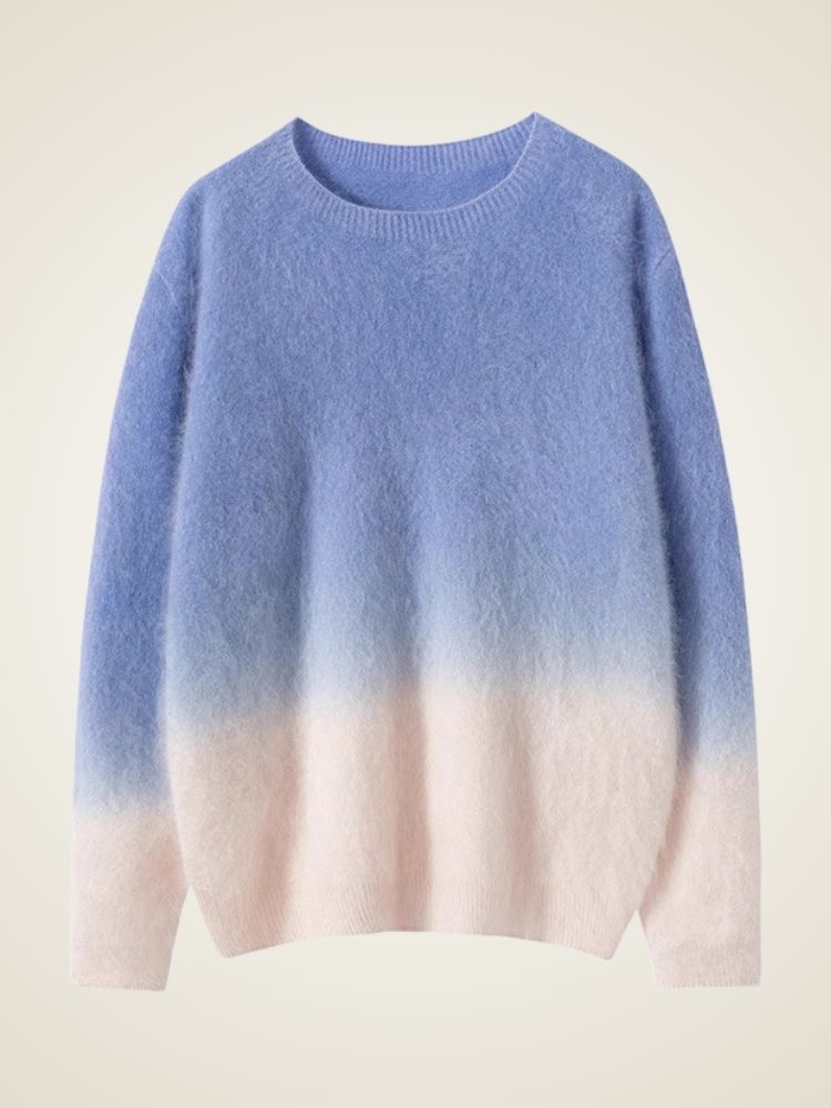 LanlyCashmere Brushed Cashmere Sweater – Ombre Crewneck Fuzzy Knit Pullover
