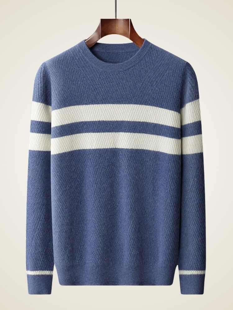 LanlyCashmere Men’s Striped Cashmere Sweater – Textured Knit Crew Neck Pullover