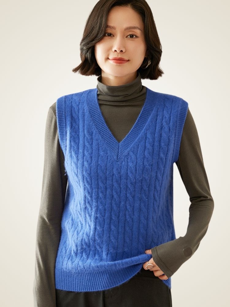 LanlyCashmere Women's Cable Knit Cashmere Vest V Neck