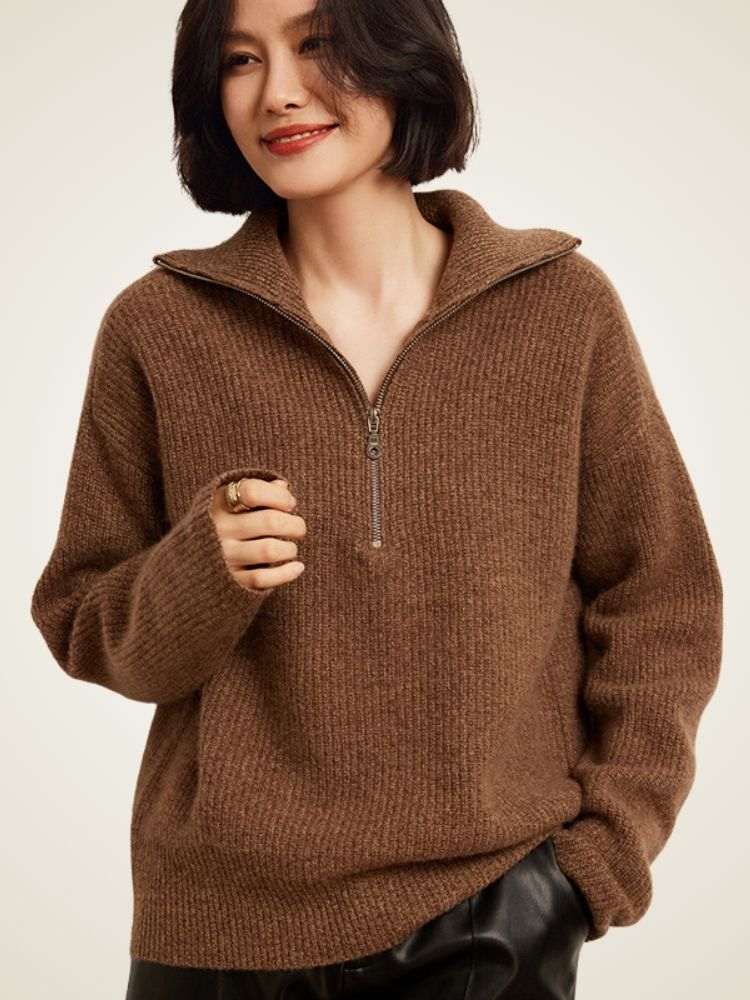 LanlyCashmere Women's Ribbed Half Zip Cashmere Sweater