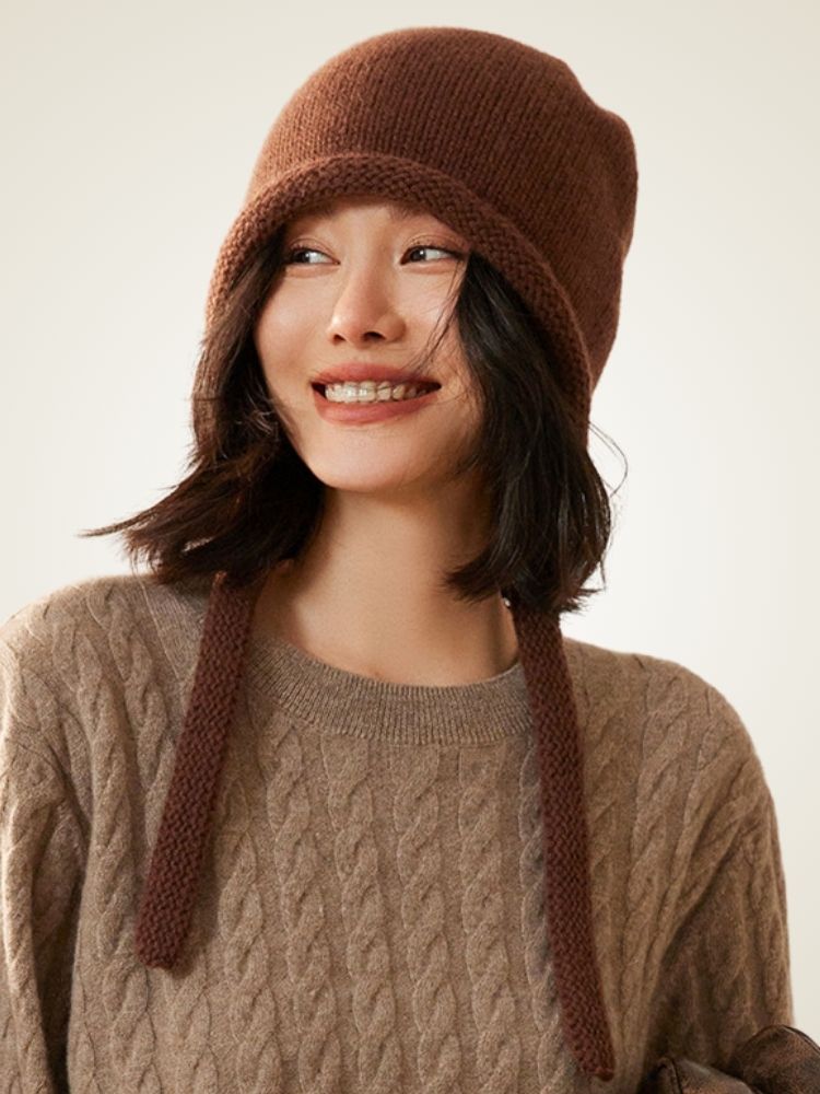 LanlyCashmere Cashmere Knit Bonnet Hat – Soft Tie-Up Winter Beanie