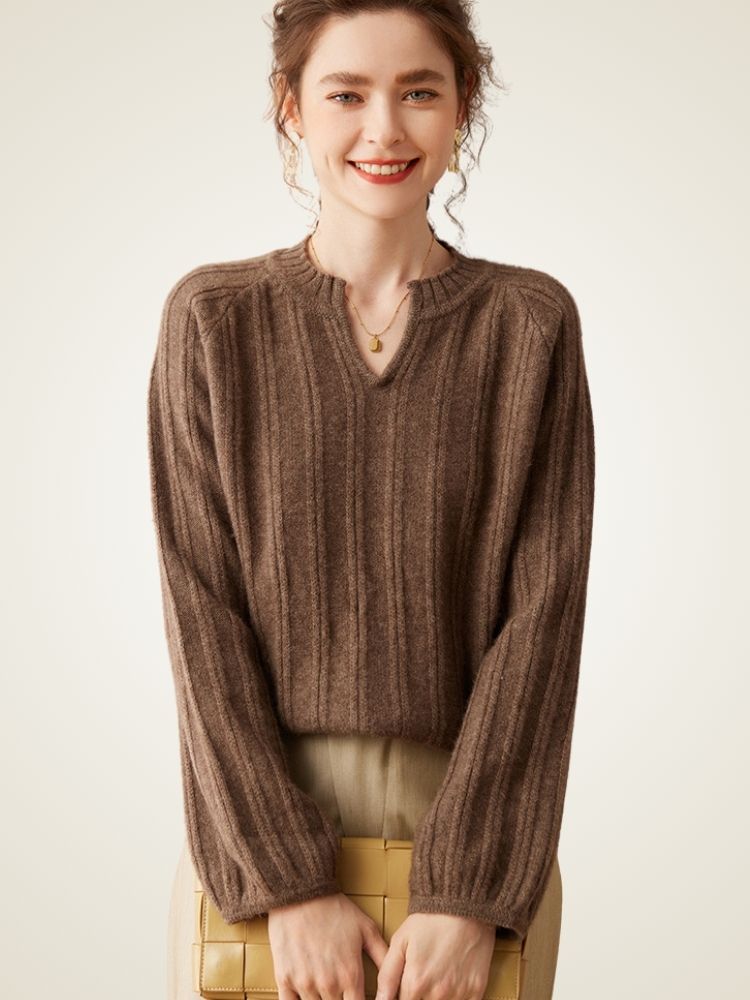 LanlyCashmere Ribbed Cashmere V-Neck Sweater – Elegant Slim Fit Knit