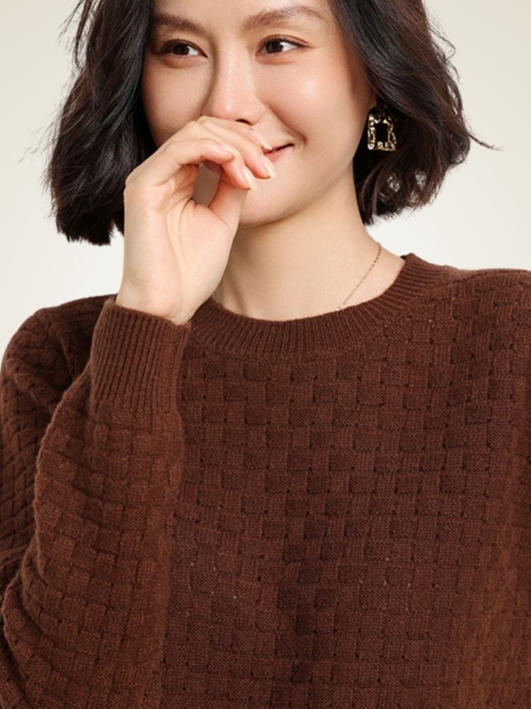 LanlyCashmere Textured Cashmere Sweater – Basketweave Knit Crewneck Pullover