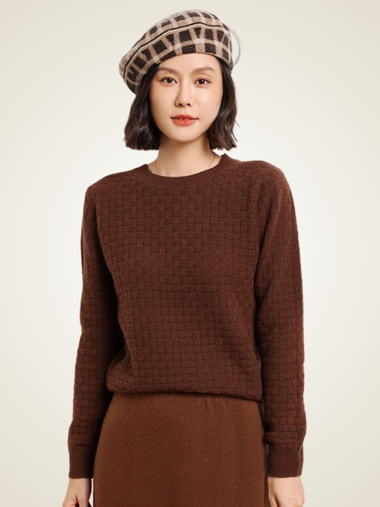 LanlyCashmere Textured Cashmere Sweater – Basketweave Knit Crewneck Pullover