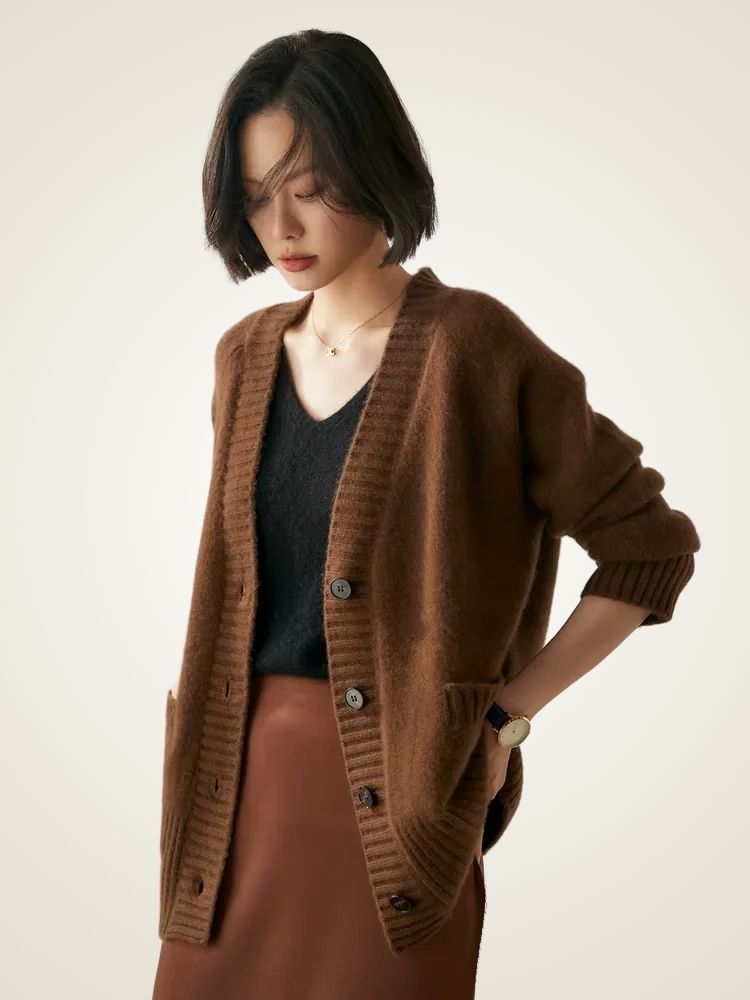 LanlyCashmere Women’s Chunky Cashmere Cardigan – Deep V Neck Button Knit Sweater