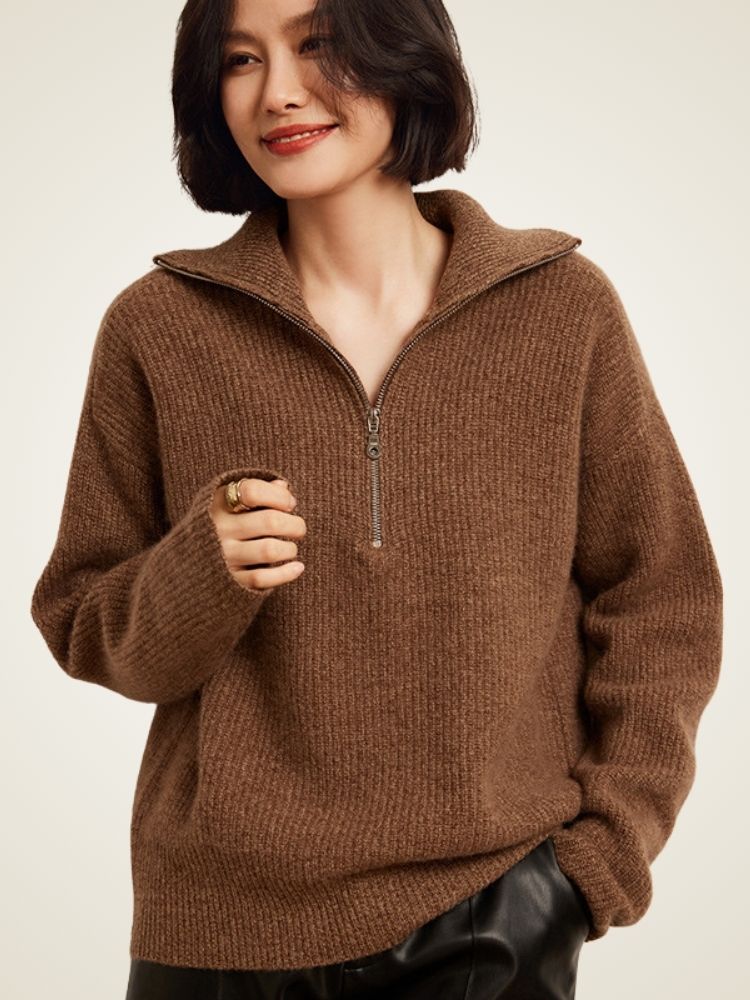LanlyCashmere Women's Ribbed Half Zip Cashmere Sweater