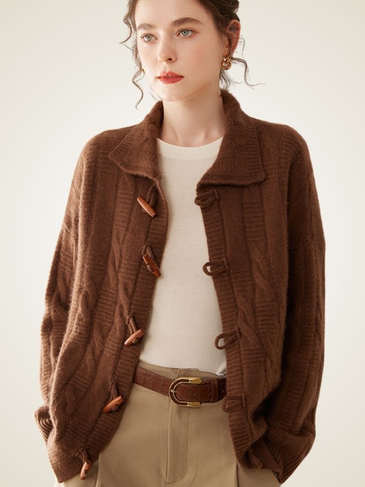 LanlyCashmere Wool Cashmere Blend Cardigan – Thick Cable Knit Toggle Sweater