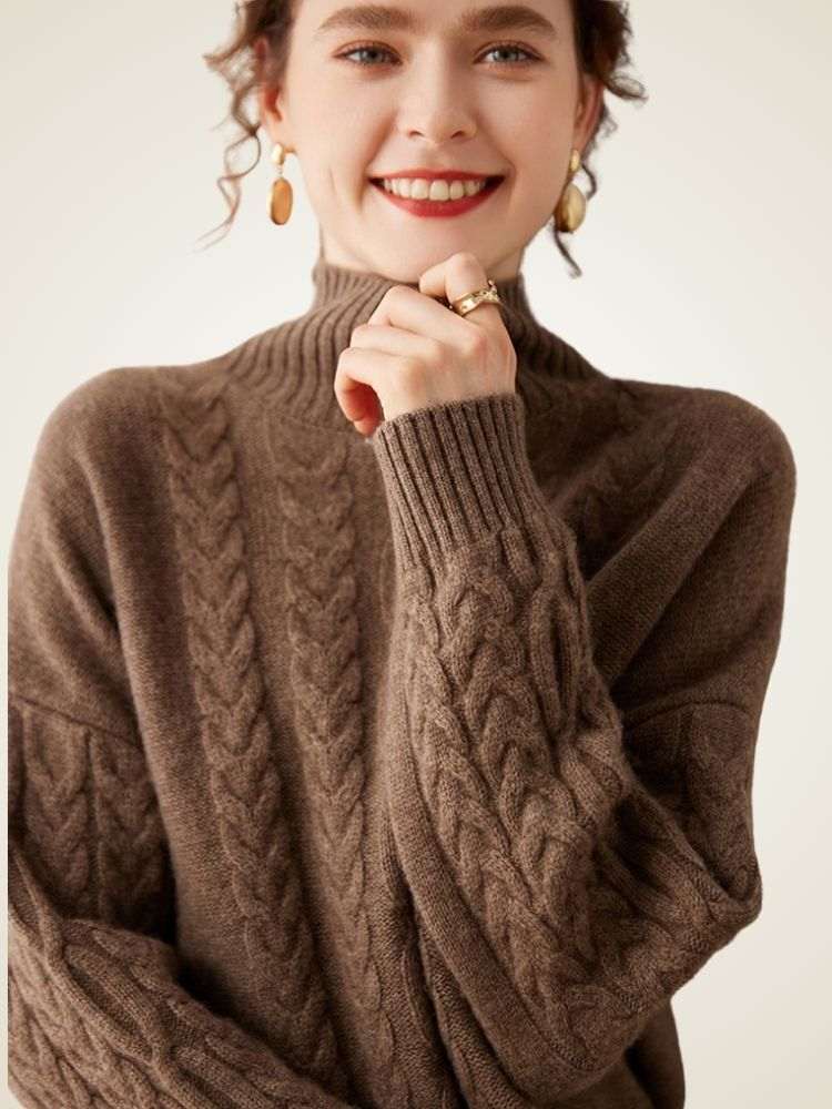 Lanlycashmere Cable Knit Cashmere Turtleneck Sweater – Textured Winter Pullover