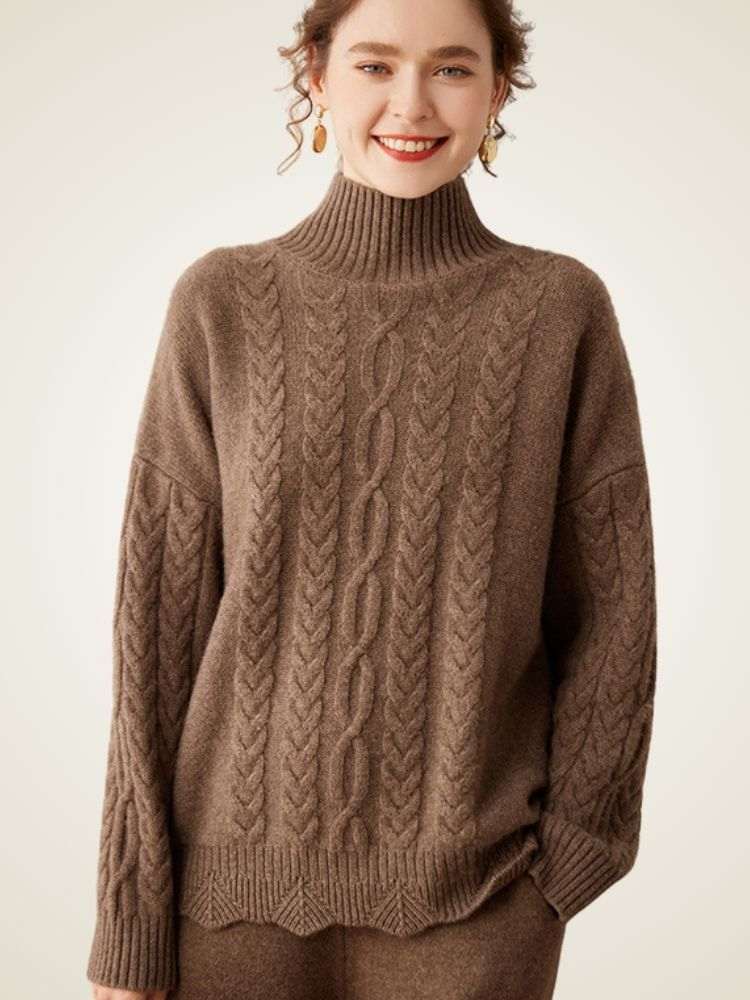 Lanlycashmere Cable Knit Cashmere Turtleneck Sweater – Textured Winter Pullover