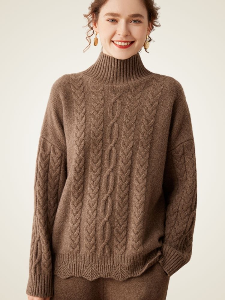 Lanlycashmere Cable Knit Cashmere Turtleneck Sweater – Textured Winter Pullover