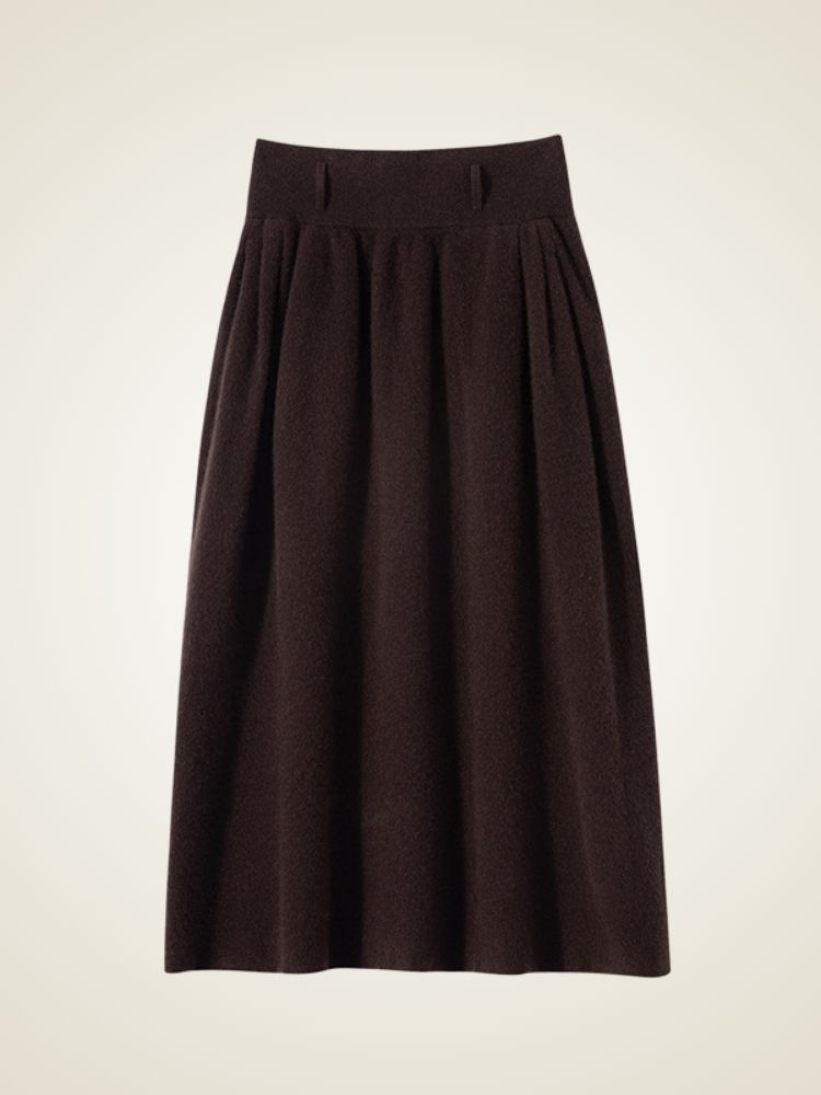 Lanlycashmere Pleated Cashmere Skirt – High Waisted Midi A-Line Skirt