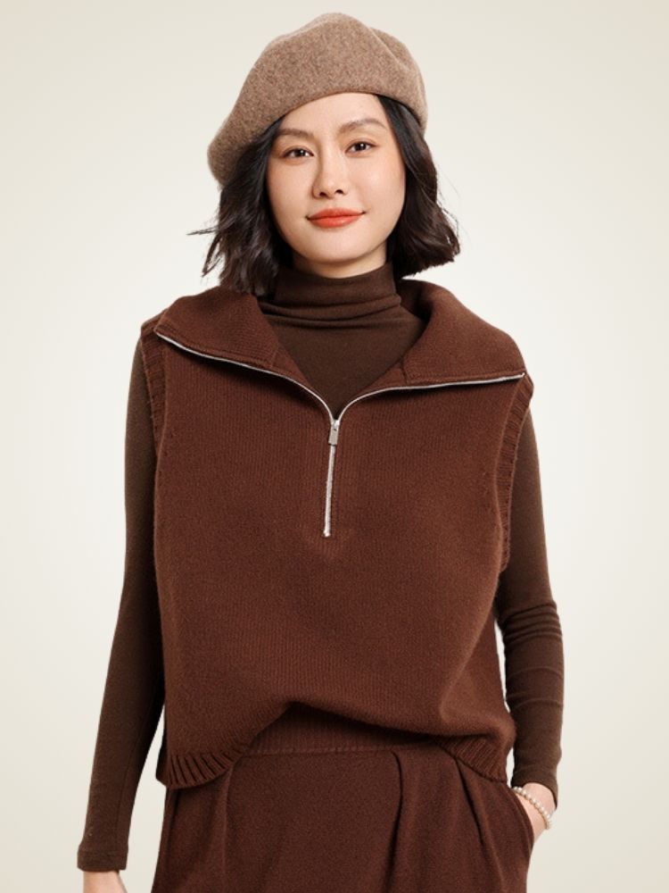 Lanlycashmere Zip Neck Cashmere Sweater Vest – Sleeveless Turtleneck Knit