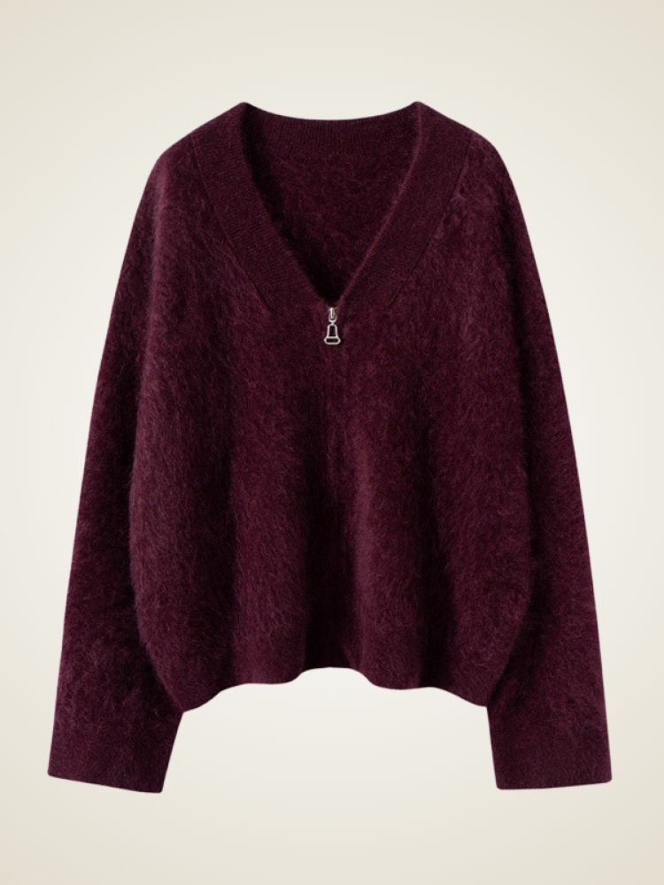 LanlyCashmere Brushed Cashmere Zip Sweater – Soft V-Neck Knit Cardigan
