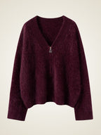LanlyCashmere Brushed Cashmere Zip Sweater – Soft V-Neck Knit Cardigan