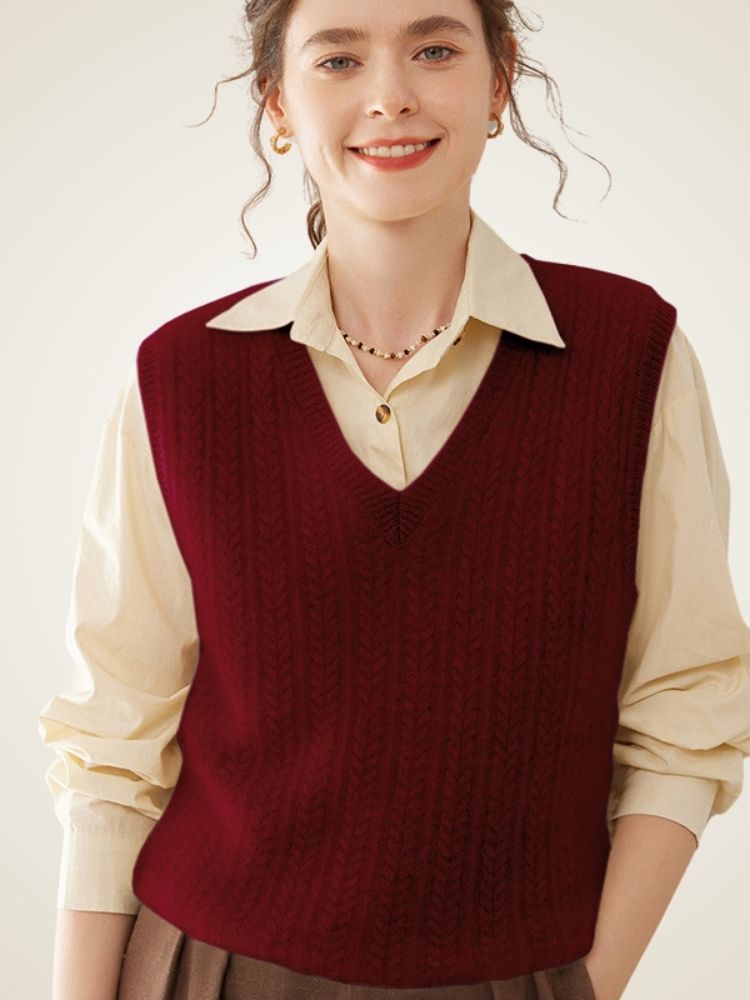 LanlyCashmere Women's Textured Cashmere Vest V Neck Knit