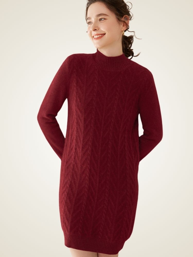 Lanlycashmere Cable Knit Cashmere Dress – Slim Fit Elegant Sweater Dress