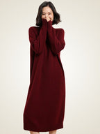 Lanlycashmere Turtleneck Cashmere Sweater Dress – Cozy Knit Midi Dress