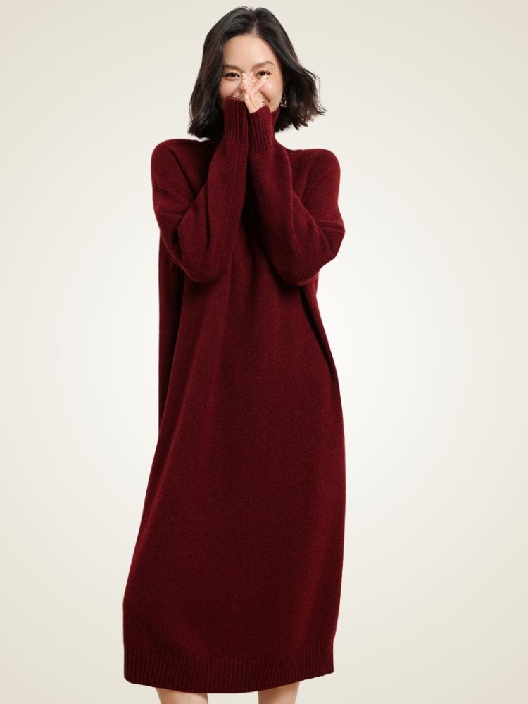 Lanlycashmere Turtleneck Cashmere Sweater Dress – Cozy Knit Midi Dress