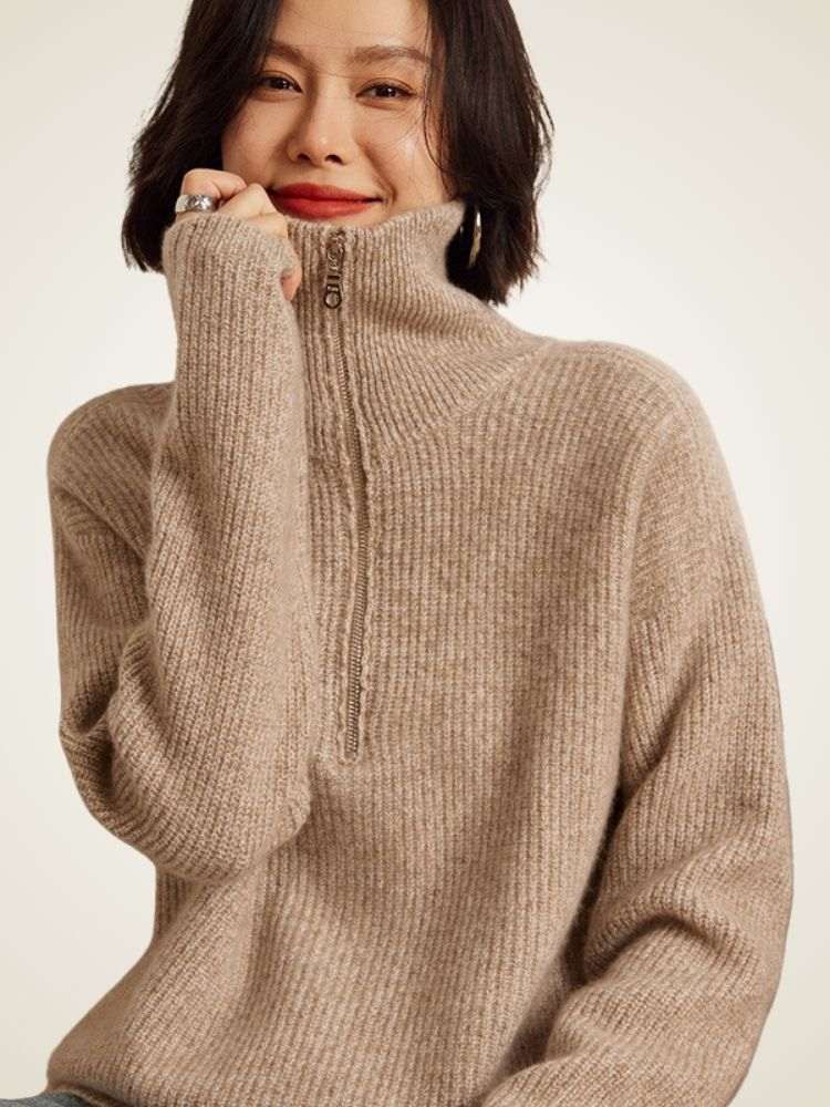 LanlyCashmere Women's Ribbed Half Zip Cashmere Sweater