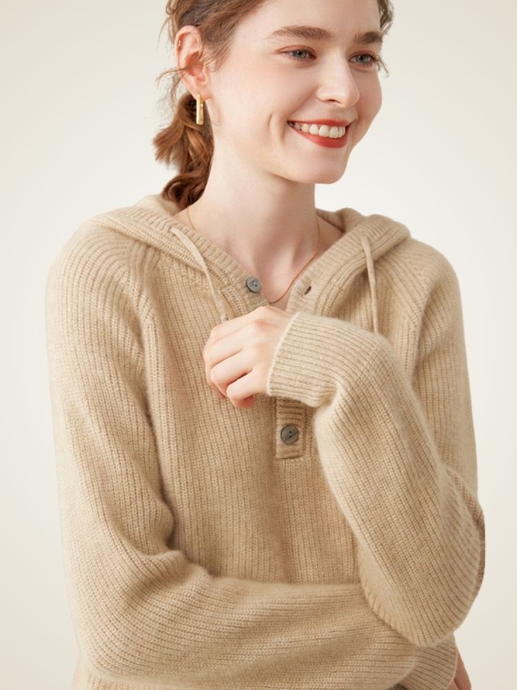 LanlyCashmere Button Neck Cashmere Hoodie – Soft Knit Henley Pullover