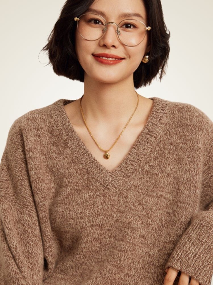 LanlyCashmere Cashmere Blend V-Neck Sweater – Relaxed 5 Gauge Knit