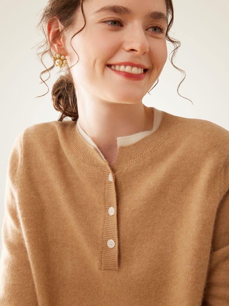 LanlyCashmere Contrast Trim Cashmere Henley Sweater – Soft Minimalist Knit