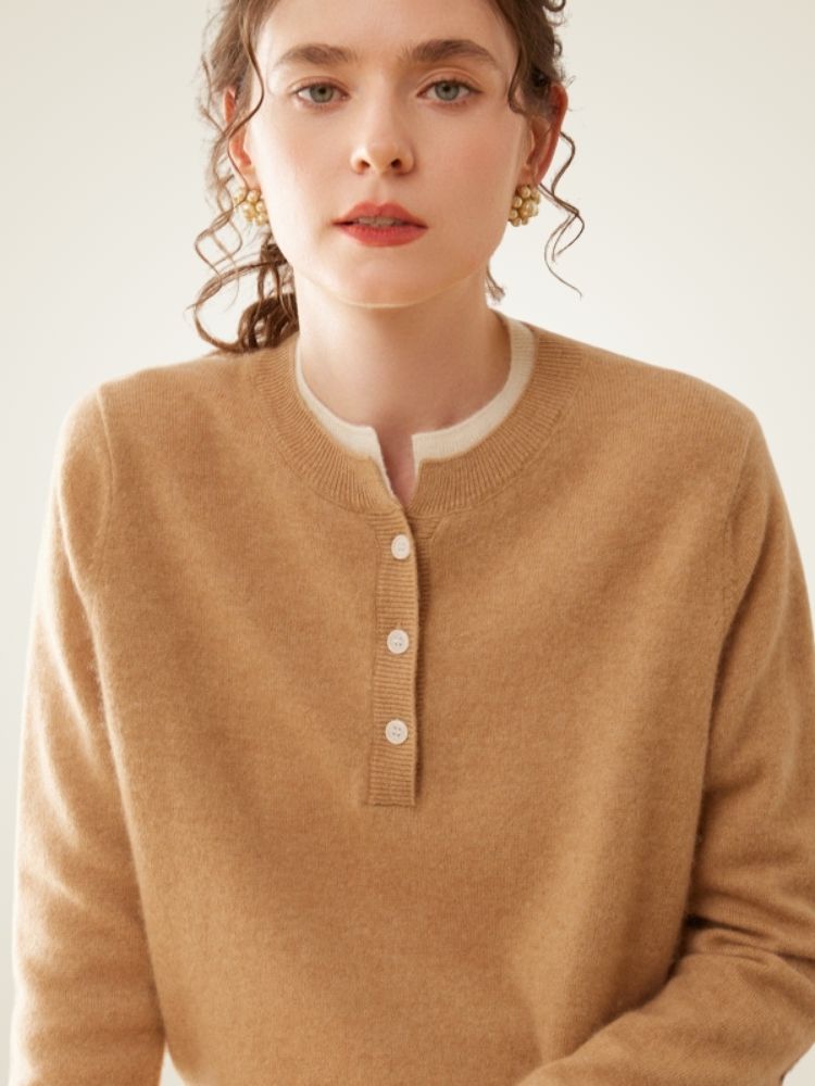 LanlyCashmere Contrast Trim Cashmere Henley Sweater – Soft Minimalist Knit