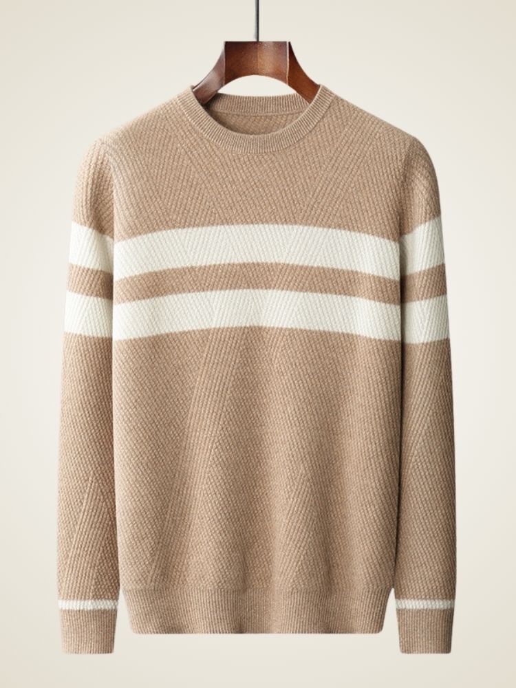 LanlyCashmere Men’s Striped Cashmere Sweater – Textured Knit Crew Neck Pullover
