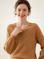 LanlyCashmere Raglan Sleeve V-Neck Cashmere Sweater – Relaxed Soft Knit