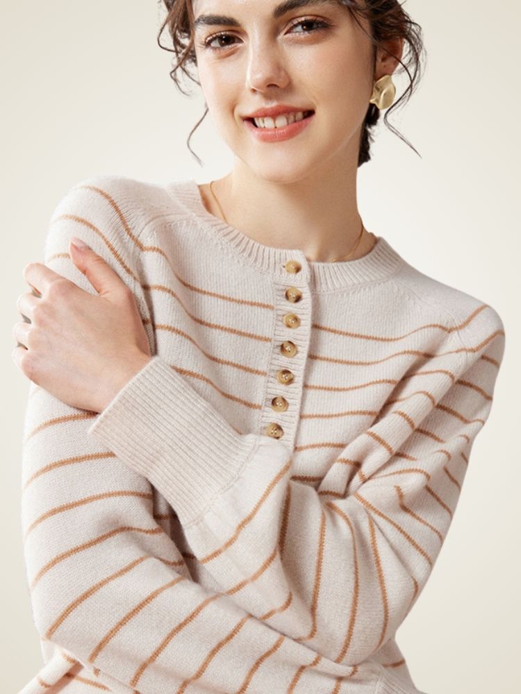LanlyCashmere Striped Button Cashmere Sweater – Relaxed Knit Pullover
