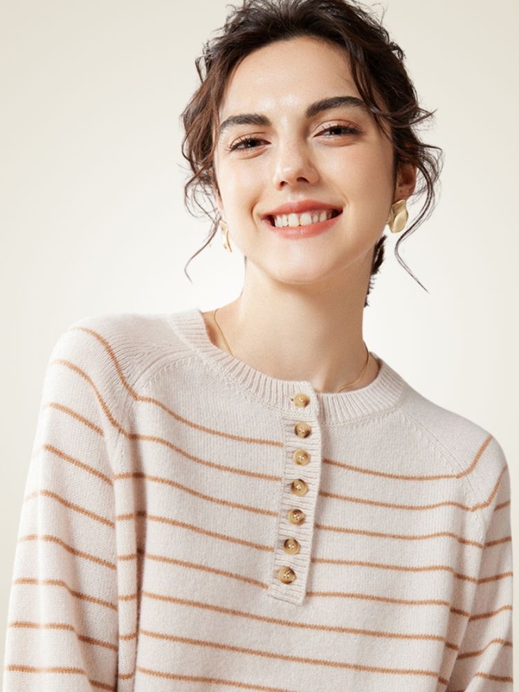 LanlyCashmere Striped Button Cashmere Sweater – Relaxed Knit Pullover