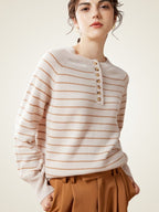 LanlyCashmere Striped Button Cashmere Sweater – Relaxed Knit Pullover