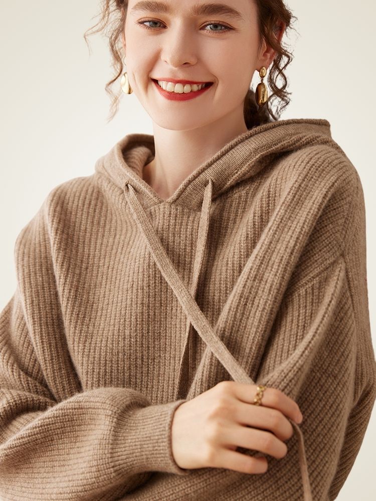 LanlyCashmere Women’s Cashmere Hoodie Sweater – Ribbed Knit Pullover