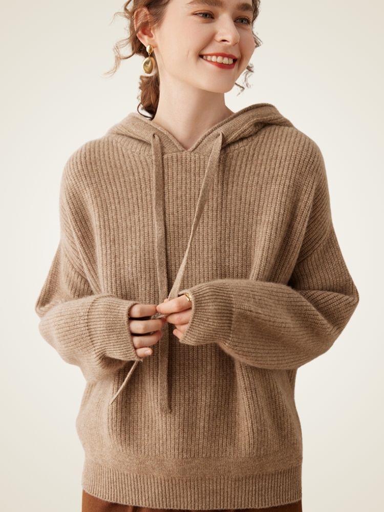 LanlyCashmere Women’s Cashmere Hoodie Sweater – Ribbed Knit Pullover