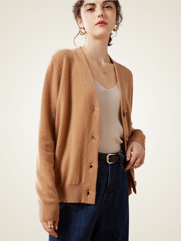 LanlyCashmere Women’s Cashmere V Neck Cardigan – Relaxed Fit Button Knit Sweater